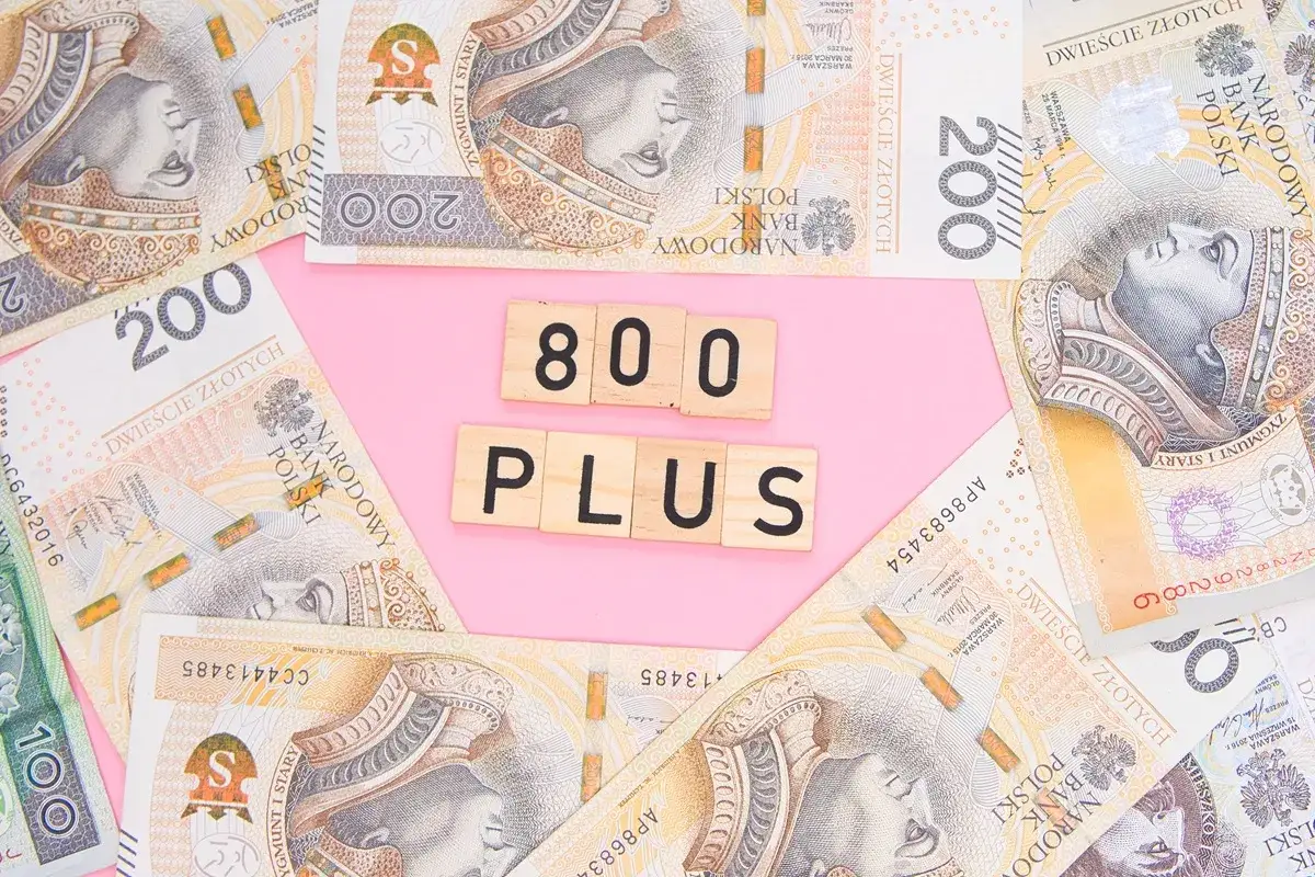 Polskie banknoty 200 zł i 100 zł ułożone na różowym tle, z drewnianymi klockami z napisem "800 PLUS".