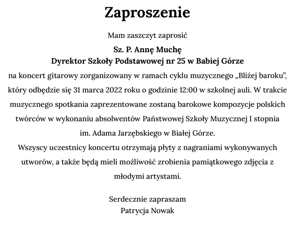 Zaproszenie na koncert gitarowy z barokowymi kompozycjami.