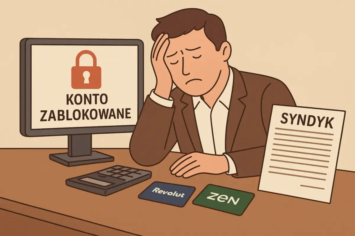 Zablokowane konto i dokument "SYNDYK" na biurku. Osoba po ogłoszeniu upadłości musi zmierzyć się z nowymi obowiązkami.