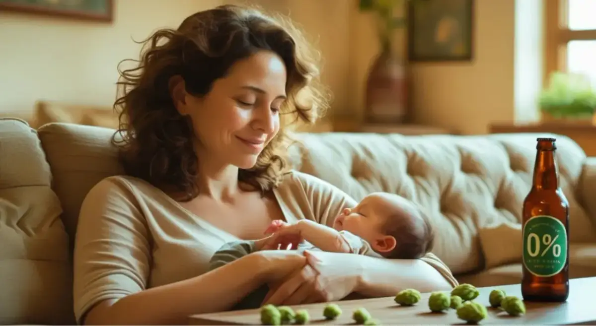 Szukasz pomysłów, co pić na laktację? Ta młoda mama karmi piersią swoje dziecko, a obok stoi butelka piwa 0%.