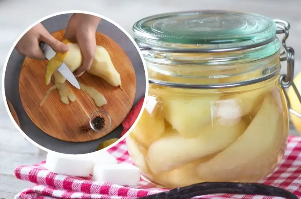 Jak zrobić przetwory z gruszek? Obok słoika z gruszkami w syropie, widać obieranie gruszki i przyprawy.