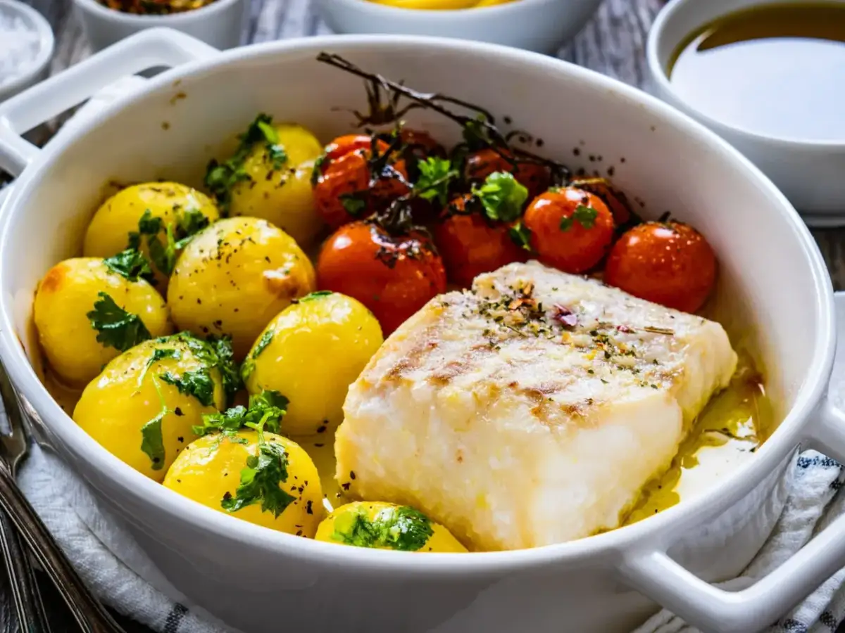 Pieczony filet rybny z ziemniakami i pomidorkami koktajlowymi w naczyniu żaroodpornym.