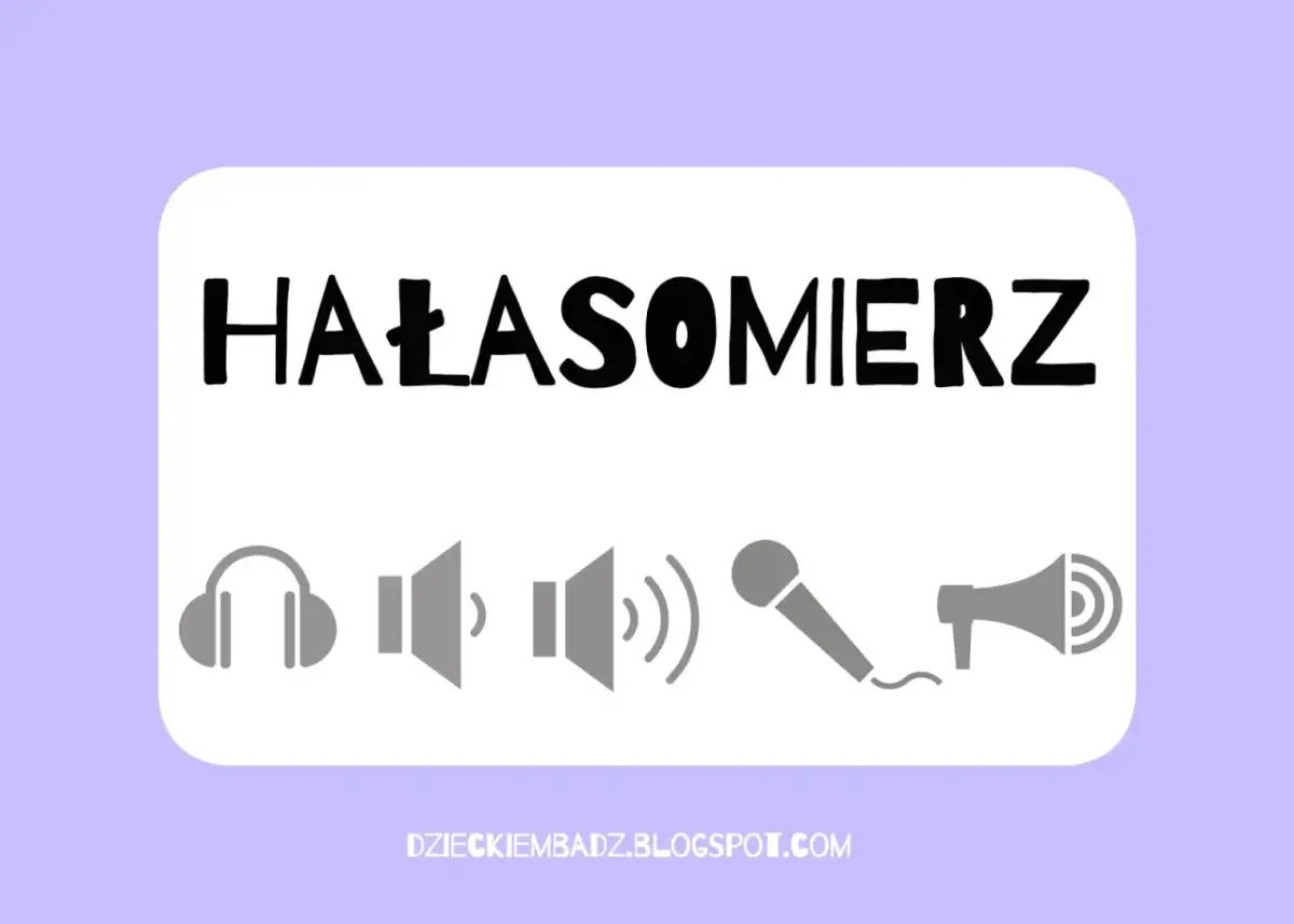 Grafika z napisem "HAŁASOMIERZ" i ikonami: słuchawki, głośniki, mikrofon, megafon. Idealne do zabaw wyciszających w przedszkolu.