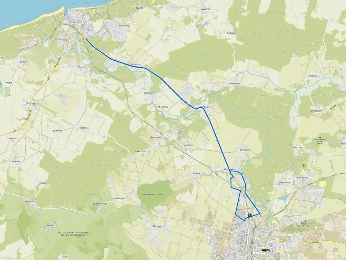 Mapa pokazuje trasy rowerowe Słupsk i okolic, łączące miasto z Ustką i innymi miejscowościami.