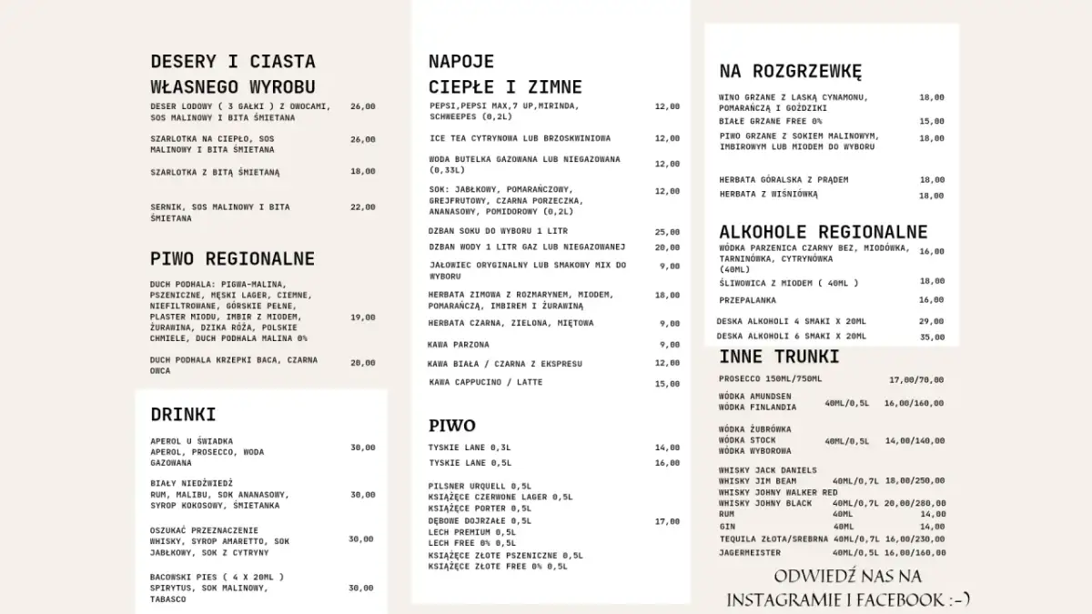 Menu karczmy z deserami, napojami, piwami regionalnymi, drinkami i alkoholami.