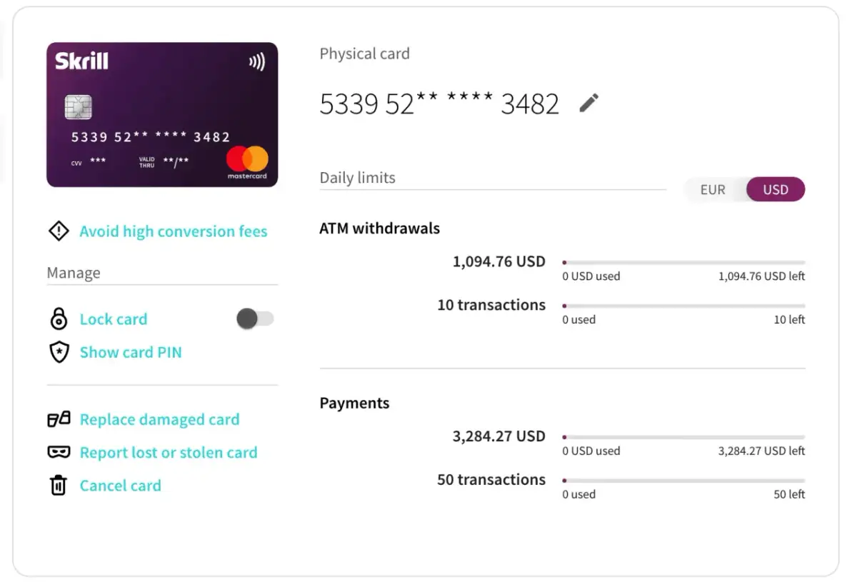 Limit dzienny na skrill wypłata z bankomatu: 1094.76 USD, 10 transakcji. Zarządzaj kartą, blokuj, pokaż PIN.