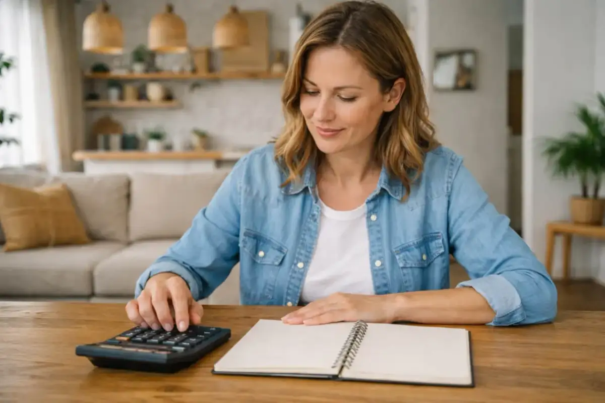 Kobieta liczy na kalkulatorze, planując ile kg fugi na m2 potrzebuje do remontu.