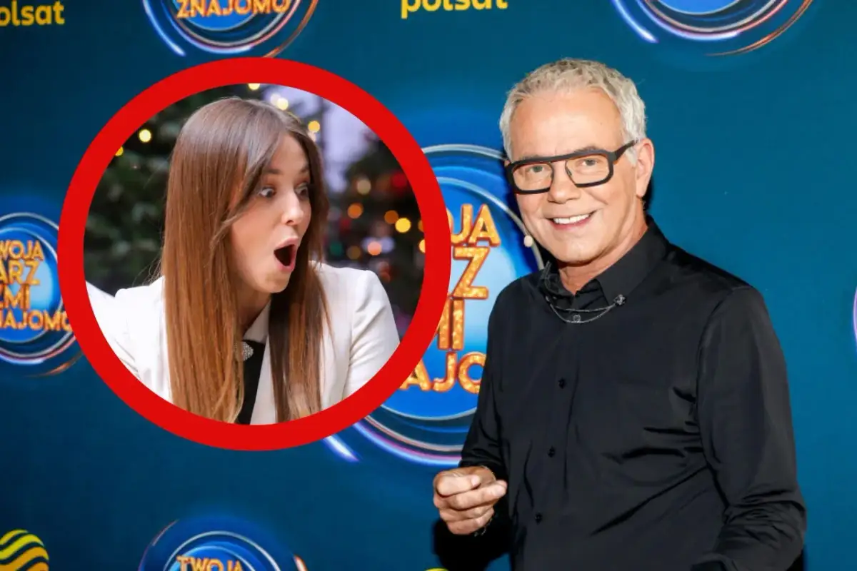 Zaskoczona uczestniczka programu "Jaka to melodia?" i uśmiechnięty prowadzący.