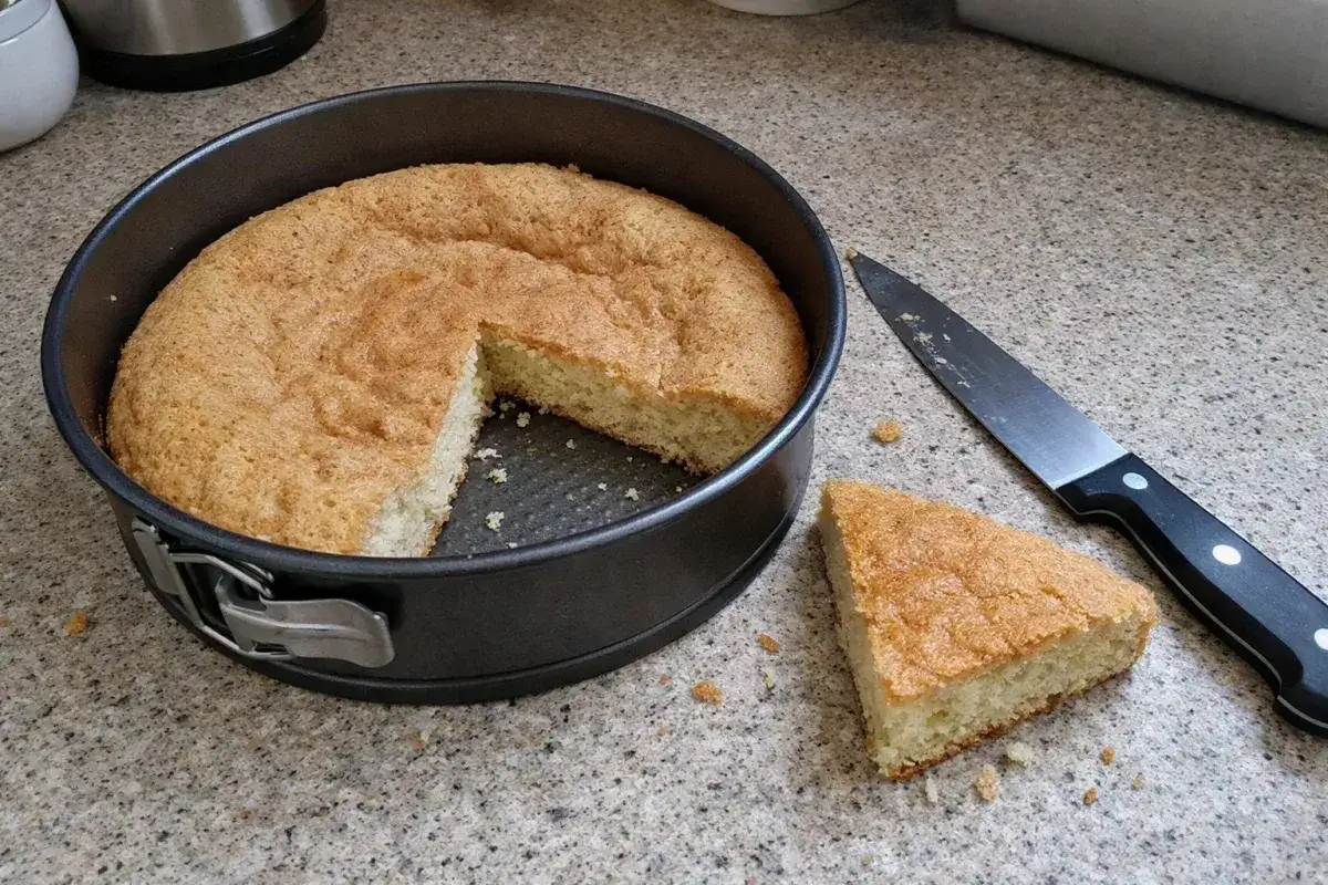 Puszysty biszkopt na tort w tortownicy, obok nóż i kawałek ciasta. Idealny do dalszego dekorowania.