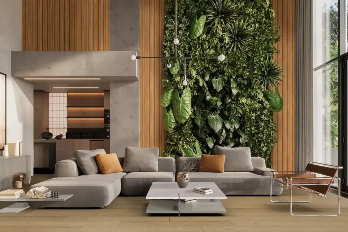 Nowoczesny salon z szarą sofą i kaskadą zieleni na ?cianie. W tle widać kuchnię.