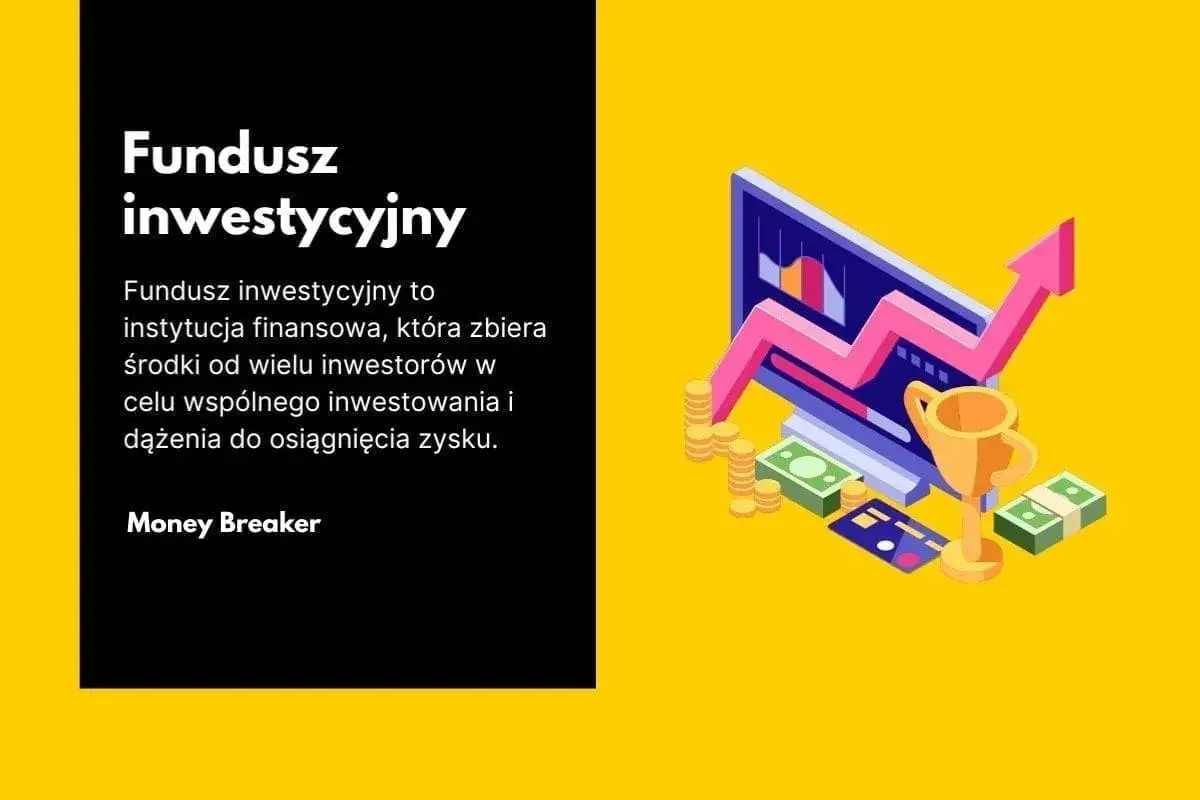 Grafika przedstawia wykres wzrostu, monety, banknoty i puchar, symbolizujące sukces dzięki inwestycjom. Narodowy fundusz inwestycyjny pomaga osiągnąć zysk.