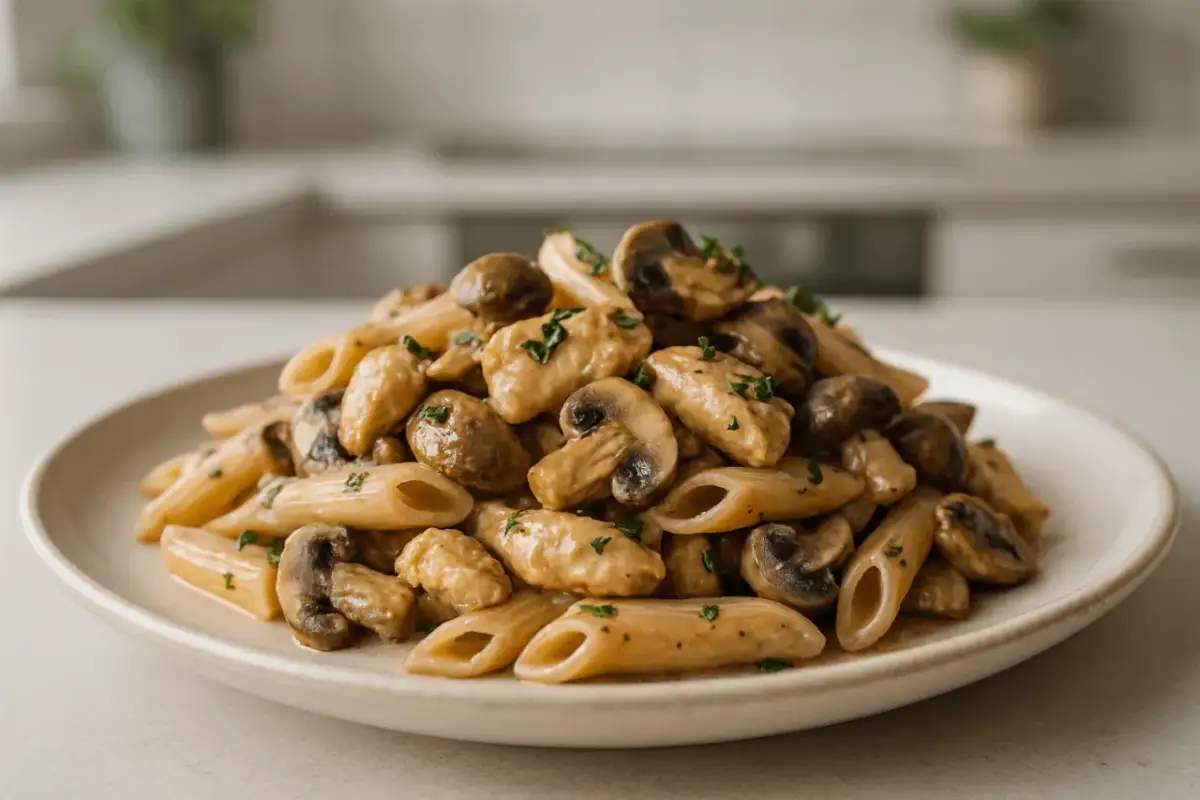 Pyszny makaron penne z kurczakiem i pieczarkami w 30 minut