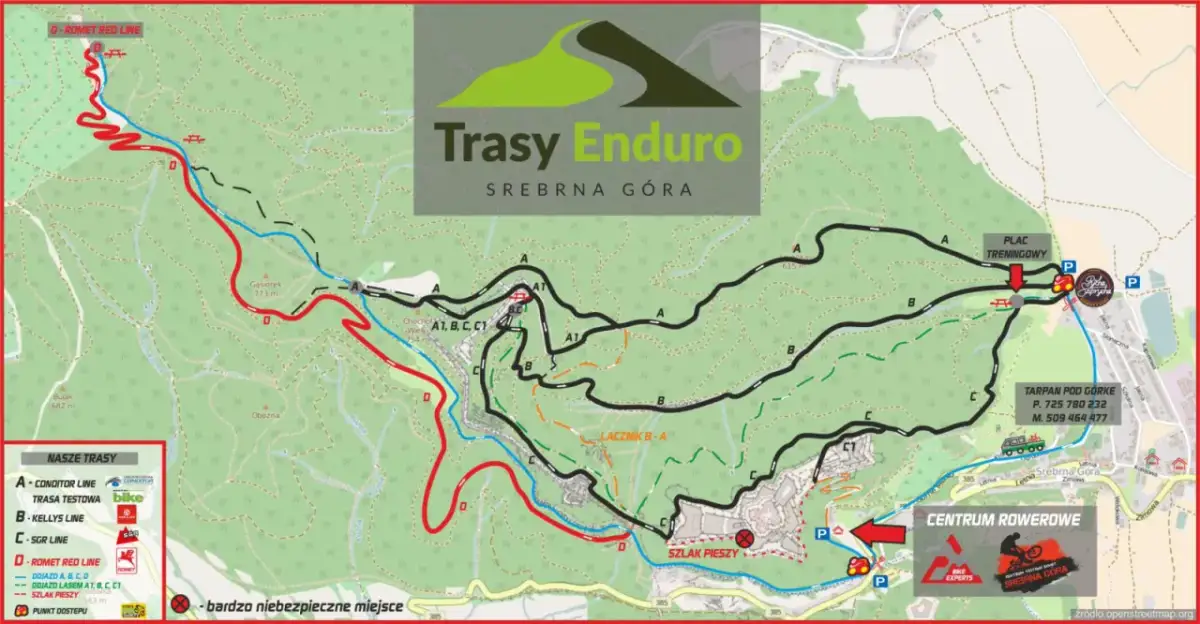 Mapa tras Enduro Srebrna Góra. Widoczne linie tras A, B, C, D, w tym czerwona D-ROMET RED LINE, oraz szlaki piesze.