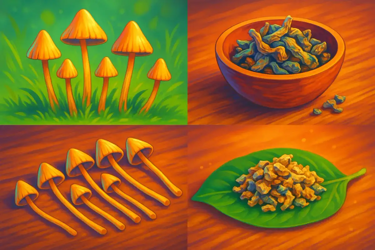 Ilustracja przedstawia cztery obrazy: grzyby w trawie, miskę z suszonymi grzybami, grzyby na drewnie i grzyby na liściu.