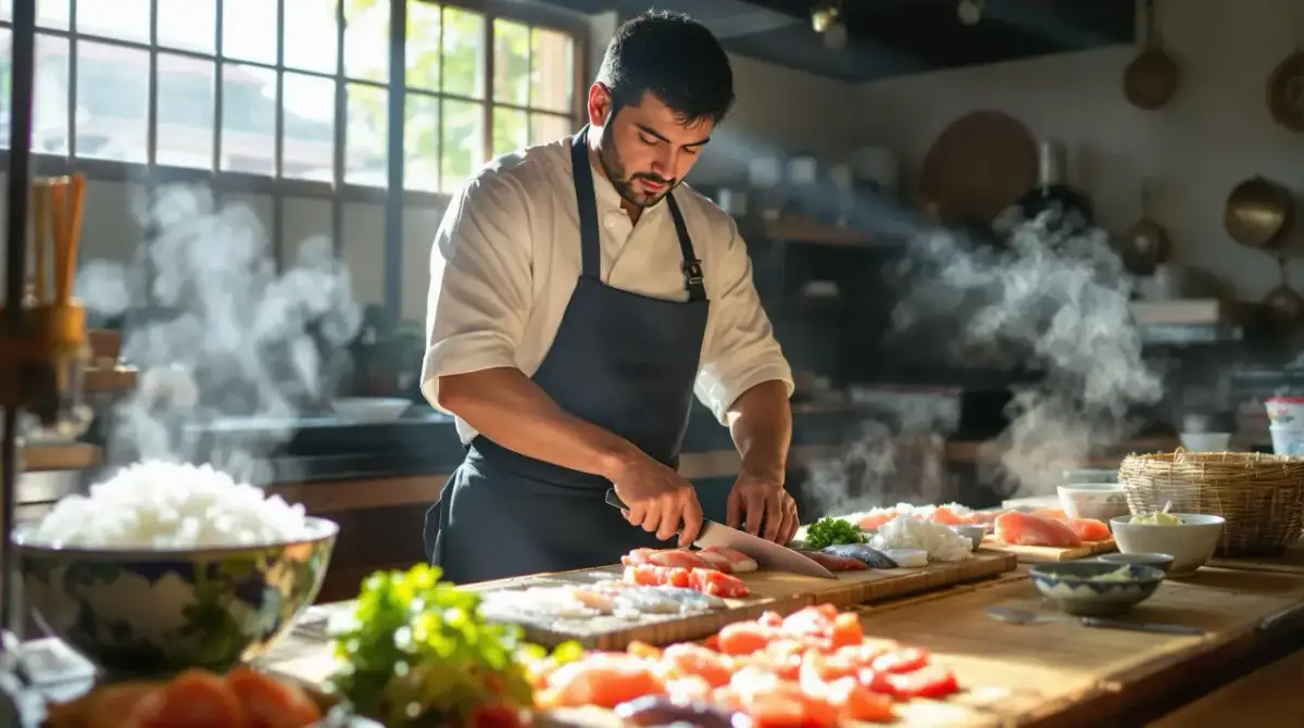 Szef kuchni kroi rybę, przygotowując się do zostania sushi masterem. Na stole ryż, warzywa i świeże składniki.