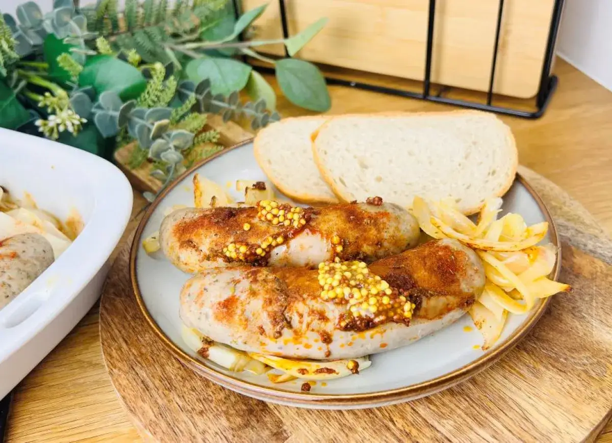 Pyszna, pieczona kiełbasa biała z musztardą i cebulką, podana z chlebem. Idealna na obiad.