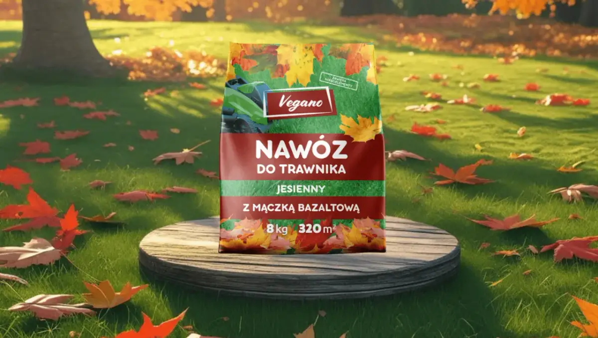 Opakowanie nawozu do trawnika Vegano jesienny na tle trawnika z opadłymi liśćmi.