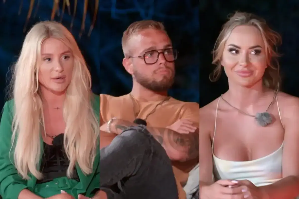 Trzy osoby z Hotel Paradise All Stars: blondynka w zielonej marynarce, mężczyzna w okularach i brązowej koszulce, oraz blondynka w białej sukience.