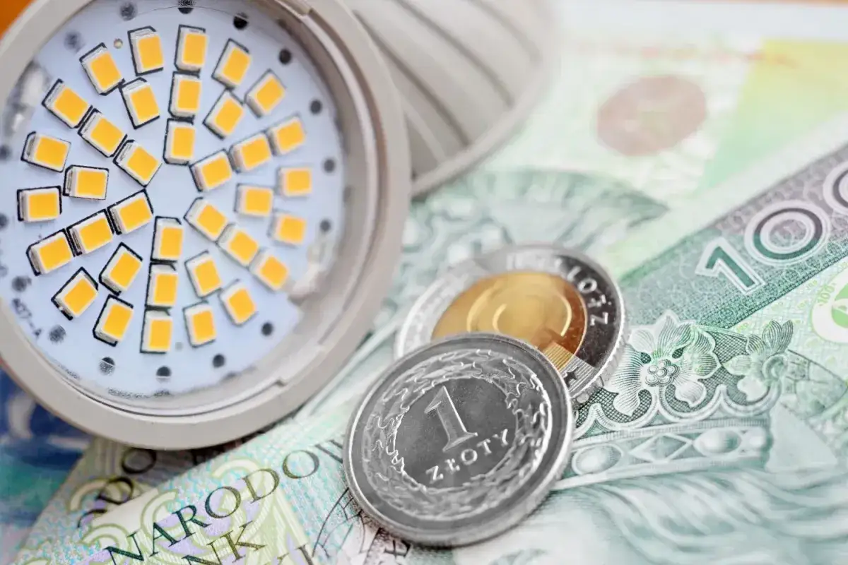 Żarówka LED i monety na banknocie 100 zł. Symbolizuje to wniosek o zamrożenie cen prądu dla gospodarstw domowych.