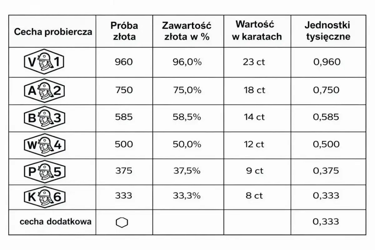 Tabela z próbami złota, zawartością złota w %, wartością w karatach i jednostkami tysięcznymi.
