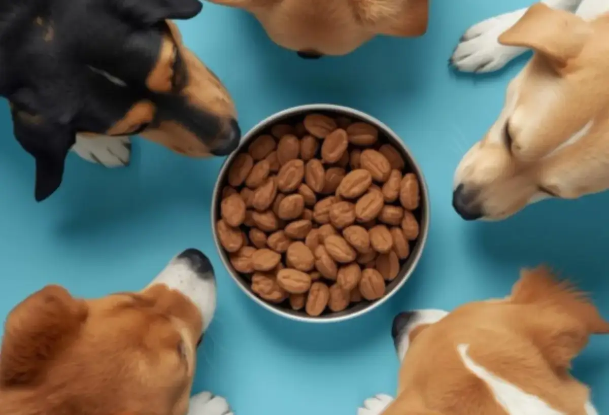 Szczeniaki z ciekawością węsza wokół miski z karmą. Czy to karma sucha czy mokra dla szczeniaka?