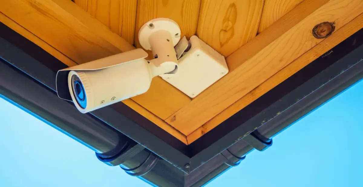 Biała kamera monitoringu zamontowana na drewnianej konstrukcji dachu. To jedne z wielu kamery w domu, zapewniające bezpieczeństwo.