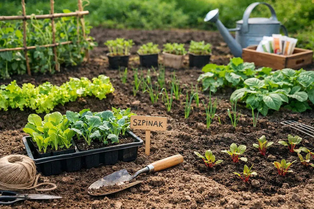 Sadzonki warzyw w gruncie, łopatka, sznurek i konewka w ogrodzie.