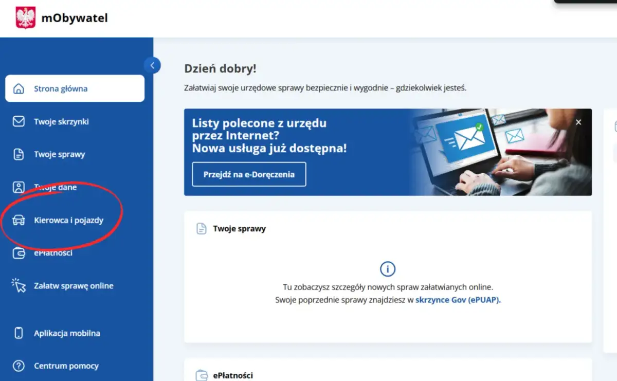 Menu "Kierowca i pojazdy" na stronie mObywatel. Tu sprawdzisz swoje **punkty karne online** i inne dane związane z prawem jazdy.