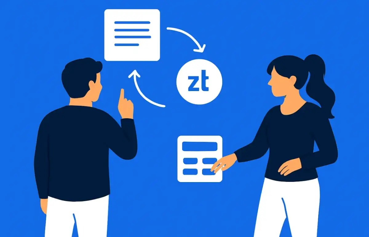 Dwie osoby analizują dane, by wybrać najlepsze obligacje skarbowe. Symbol złotówki i kalkulator sugerują analizę finansową.