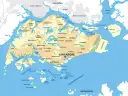 Mapa Singapuru z zaznaczonym miastem, okolicznymi wyspami, Malezją i Indonezją.