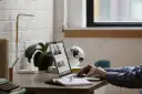 Person tippt auf Laptop, daneben stehen Lampe, Pflanze, Globus und Tasse.