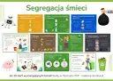 Segregacja śmieci dla dzieci do druku: ilustracje pokazują, co wrzucać do żółtego, zielonego, brązowego i niebieskiego pojemnika.