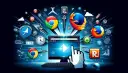 Ikony przeglądarek internetowych (Chrome, Firefox) i komputer z kursorem myszy na tle sieci.