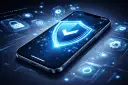 iPhone z tarczą ochronną i ikonami bezpieczeństwa na tle cyfrowym.
