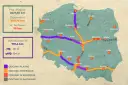 Mapa Polski z zaznaczonymi odcinkami autostrady A4, w tym płatnymi (fioletowy), istniejącymi (pomarańczowy), w budowie (czerwony) i planowanymi (szary).