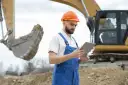 Operator koparki z tabletem w ręku, analizuje dane. Zastanawia się, ile zarabia koparkowy, planując swoją karierę.