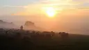 Pasterz prowadzi stado owiec przez mglisty poranek, słońce wschodzi, tworząc ciepłą, złotą poświatę, jak w psalm 72.