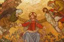 Jezus w otoczeniu ludzi, w tym niewierny Tomasz, który wyciąga rękę do jego boku.