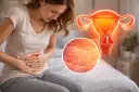 Kobieta z bólem brzucha, obok grafika macicy z ostrzeżeniem i zbliżenie na przerost endometrium.
