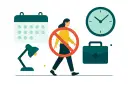 Kobieta w pracy, symbol zakazu, kalendarz, zegar, lampka i teczka. Ile można mieć nn w pracy?