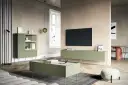 Nowoczesny salon z meblami w odcieniu oliwkowym: szafka RTV, stolik kawowy i regał.