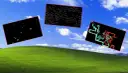 Trzy czarne prostokąty unoszą się nad zielonym wzgórzem, przypominając wygaszacz ekranu Windows 11. Jeden zawiera kolorowe bańki, drugi ikony, a trzeci abstrakcyjne, kolorowe rury.