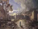 Scena biblijna: Sodoma i Gomora w ogniu. Postać w bieli odwraca się od płonącego miasta, symbolizując biblijną historię.