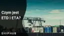 Portowy dźwig przeładowuje kontenery. Tekst pyta: Czym jest ETD i ETA?
