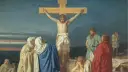 Scena ukrzyżowania Jezusa, nawiązująca do psalm 9. Wokół krzyża zgromadzone postacie, w tym Matka Boska i żołnierze.