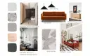 Inspirujący moodboard wnętrzarski: paleta kolorów, nowoczesna sofa, lampy, dywan i aranżacje.