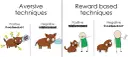 Ilustración compara técnicas aversivas (castigo positivo, refuerzo negativo) con técnicas basadas en recompensa (refuerzo positivo, castigo negativo).