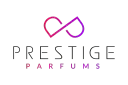 Logo luksusowe marki Prestige Parfums. Symbol nieskończoności w gradientach różu i fioletu nad napisem.