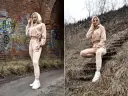 Dresy damskie szerokie w beżowym kolorze, idealne na co dzień. Modelka prezentuje je na tle ceglanej ściany i schodów.