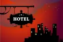Czarny szyld hotelowy z napisem "HOTEL" na tle nocnego miasta i czerwonego nieba.